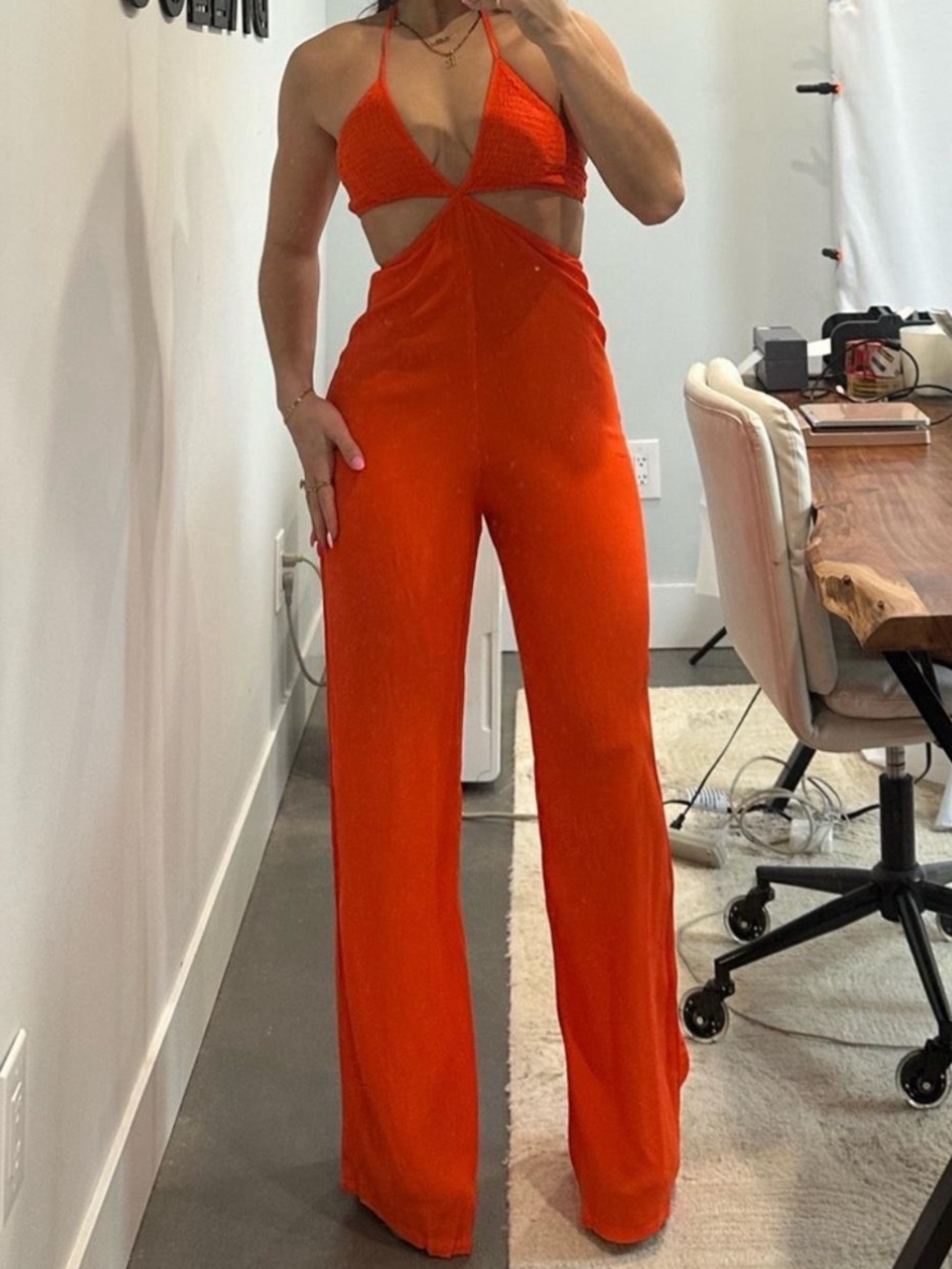 Cutout Halter Wide-Leg Jumpsuit - Orange